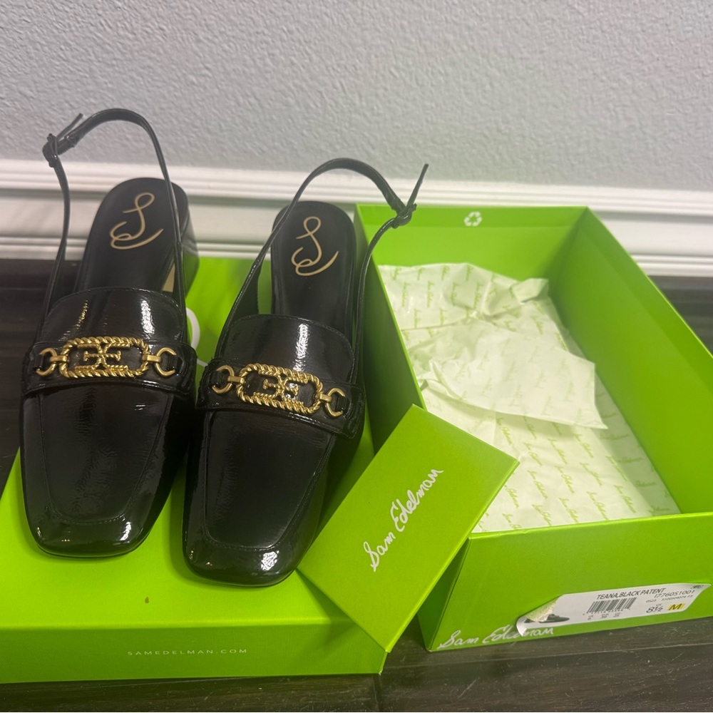Sam Edelman Black Patent Leather Loafers with Gold Chain